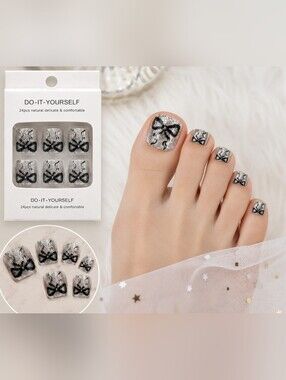 24pc Silver Glitter Bow Press On Toenails Square DIY False Toe Nail Set